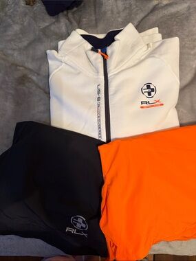 RLX 3 piece set. Quarter zip sweatshirt and two pairs of swim shorts.